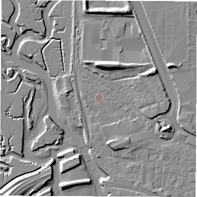 Shaded relief map of the ground around SO169BL, computed from Environment Agency LiDAR. The ground here sits at about 3 m above sea level and falls 13 m across the surrounding 800 m. Surface water reaching this point runs off ground lying to the east, 4.6 m higher.