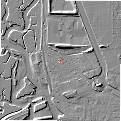 Shaded relief map of the ground around SO169BQ, computed from Environment Agency LiDAR. The ground here sits at about 4 m above sea level and falls 13 m across the surrounding 800 m. Surface water reaching this point runs off ground lying to the east-north-east, 7.2 m higher.