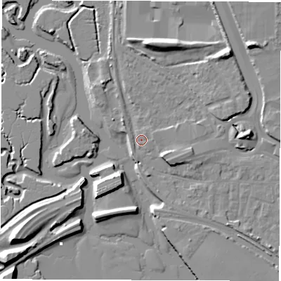 Shaded relief map of the ground around SO169JP, computed from Environment Agency LiDAR. The ground here sits at about 3 m above sea level and falls 13 m across the surrounding 800 m. Surface water reaching this point runs off ground lying to the south-east, 5.7 m higher.