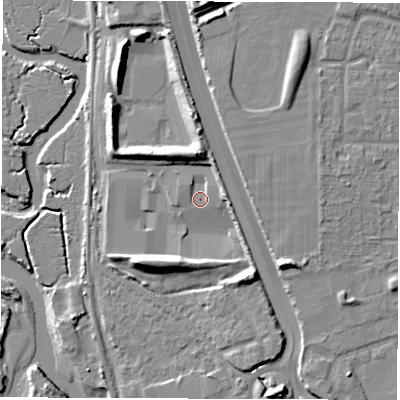 Shaded relief map of the ground around SO169RB, computed from Environment Agency LiDAR. The ground here sits at about 4 m above sea level and falls 13 m across the surrounding 800 m. Surface water reaching this point runs off ground lying to the north-east, 1.3 m higher.