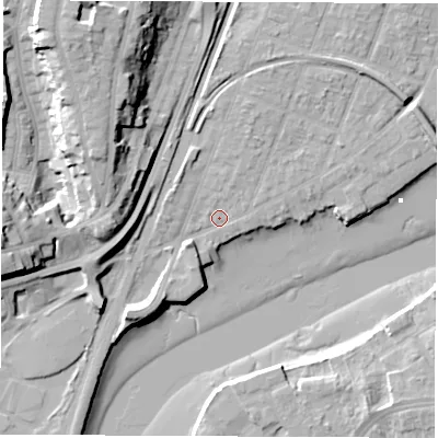 Shaded relief map of the ground around SO172HT, computed from Environment Agency LiDAR. The ground here sits at about 3 m above sea level and falls 23 m across the surrounding 800 m. Surface water reaching this point runs off ground lying to the south-west, 6.2 m higher.