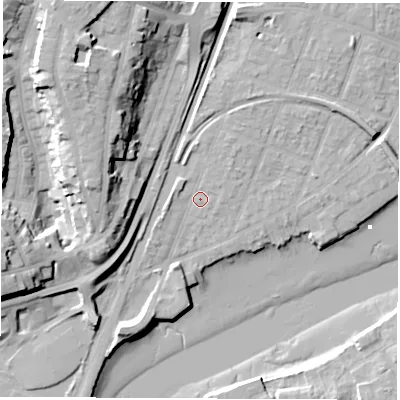 Shaded relief map of the ground around SO172HU, computed from Environment Agency LiDAR. The ground here sits at about 4 m above sea level and falls 23 m across the surrounding 800 m. Surface water reaching this point runs off ground lying to the north-north-east, 2.4 m higher.