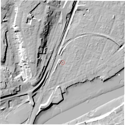 Shaded relief map of the ground around SO172HW, computed from Environment Agency LiDAR. The ground here sits at about 4 m above sea level and falls 24 m across the surrounding 800 m. Surface water reaching this point runs off ground lying to the north-east, 2.3 m higher.