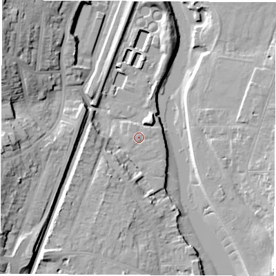 Shaded relief map of the ground around SO172JJ, computed from Environment Agency LiDAR. The ground here sits at about 4 m above sea level and falls 22 m across the surrounding 800 m. Surface water reaching this point runs off ground lying to the east-north-east, 0.6 m higher.