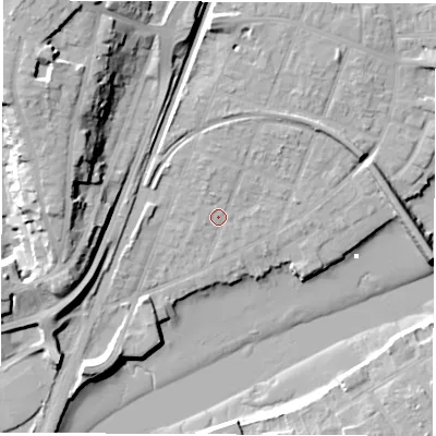 Shaded relief map of the ground around SO172JP, computed from Environment Agency LiDAR. The ground here sits at about 4 m above sea level and falls 24 m across the surrounding 800 m. Surface water reaching this point runs off ground lying to the north, 2.1 m higher.