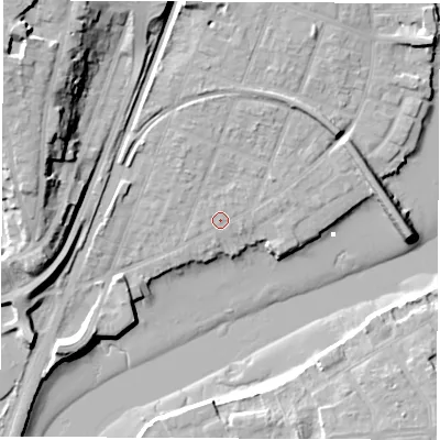 Shaded relief map of the ground around SO172JQ, computed from Environment Agency LiDAR. The ground here sits at about 4 m above sea level and falls 23 m across the surrounding 800 m. Surface water reaching this point runs off ground lying to the north-east, 0.8 m higher.