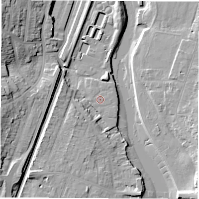 Shaded relief map of the ground around SO172JU, computed from Environment Agency LiDAR. The ground here sits at about 4 m above sea level and falls 21 m across the surrounding 800 m. Surface water reaching this point runs off ground lying to the north-east, 0.7 m higher.