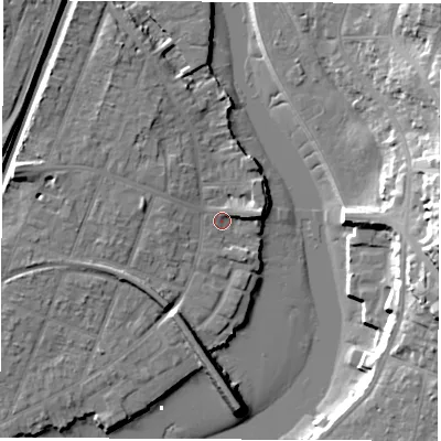 Shaded relief map of the ground around SO172JY, computed from Environment Agency LiDAR. The ground here sits at about 3 m above sea level and falls 23 m across the surrounding 800 m. Surface water reaching this point runs off ground lying to the west, 3.3 m higher.