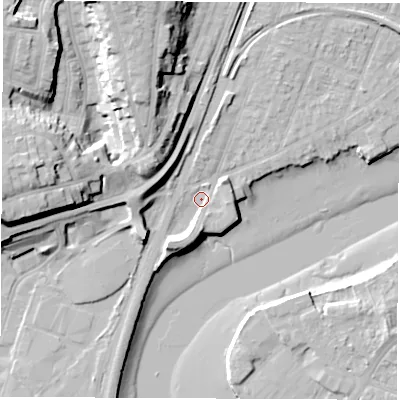 Shaded relief map of the ground around SO172JZ, computed from Environment Agency LiDAR. The ground here sits at about 3 m above sea level and falls 24 m across the surrounding 800 m. Surface water reaching this point runs off ground lying to the south-west, 5.9 m higher.