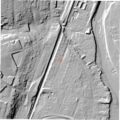 Shaded relief map of the ground around SO172LH, computed from Environment Agency LiDAR. The ground here sits at about 6 m above sea level and falls 27 m across the surrounding 800 m. Surface water reaching this point runs off ground lying to the south-south-west, 3.2 m higher.
