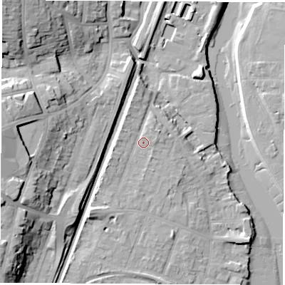 Shaded relief map of the ground around SO172LJ, computed from Environment Agency LiDAR. The ground here sits at about 6 m above sea level and falls 26 m across the surrounding 800 m. Surface water reaching this point runs off ground lying to the south-west, 3.2 m higher.