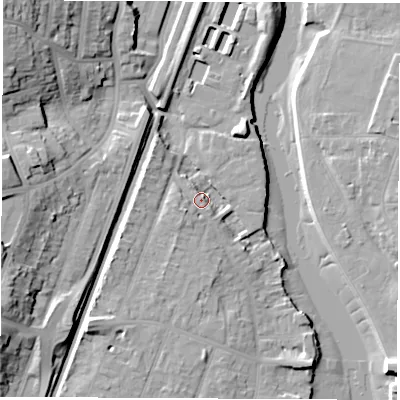 Shaded relief map of the ground around SO172LQ, computed from Environment Agency LiDAR. The ground here sits at about 5 m above sea level and falls 24 m across the surrounding 800 m. Surface water reaching this point runs off ground lying to the south-west, 5.8 m higher.