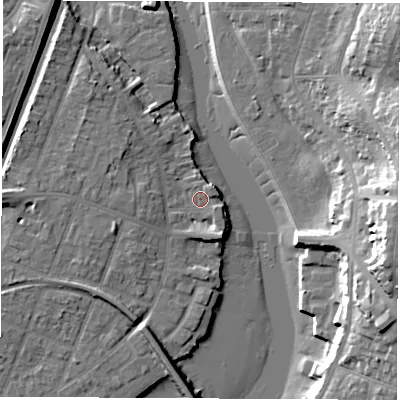 Shaded relief map of the ground around SO172LT, computed from Environment Agency LiDAR. The ground here sits at about 3 m above sea level and falls 24 m across the surrounding 800 m. Surface water reaching this point runs off ground lying to the west-north-west, 4.7 m higher.