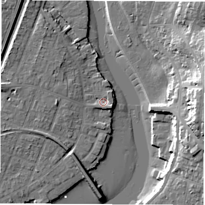 Shaded relief map of the ground around SO172NS, computed from Environment Agency LiDAR. The ground here sits at about 3 m above sea level and falls 24 m across the surrounding 800 m. Surface water reaching this point runs off ground lying to the west-north-west, 4.7 m higher.