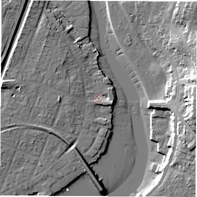 Shaded relief map of the ground around SO172NT, computed from Environment Agency LiDAR. The ground here sits at about 3 m above sea level and falls 24 m across the surrounding 800 m. Surface water reaching this point runs off ground lying to the north-west, 4.7 m higher.