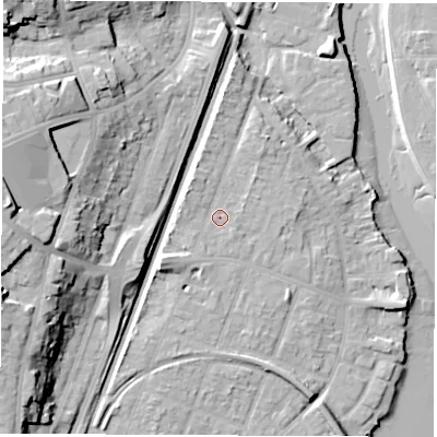Shaded relief map of the ground around SO172NZ, computed from Environment Agency LiDAR. The ground here sits at about 6 m above sea level and falls 25 m across the surrounding 800 m. Surface water reaching this point runs off ground lying to the south-west, 3.2 m higher.