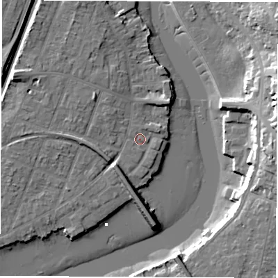 Shaded relief map of the ground around SO172WJ, computed from Environment Agency LiDAR. The ground here sits at about 3 m above sea level and falls 20 m across the surrounding 800 m. Surface water reaching this point runs off ground lying to the south-south-west, 4.8 m higher.