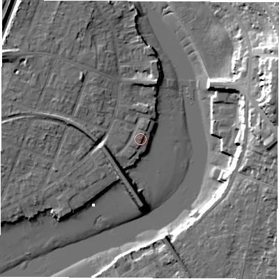 Shaded relief map of the ground around SO172WL, computed from Environment Agency LiDAR. The ground here sits at about 4 m above sea level and falls 24 m across the surrounding 800 m. Surface water reaching this point runs off ground lying to the west-south-west, 4.8 m higher.