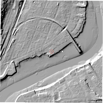 Shaded relief map of the ground around SO172WQ, computed from Environment Agency LiDAR. The ground here sits at about 4 m above sea level and falls 19 m across the surrounding 800 m. Surface water reaching this point runs off ground lying to the north, 1.0 m higher.