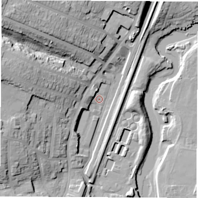 Shaded relief map of the ground around SO173AN, computed from Environment Agency LiDAR. The ground here sits at about 2 m above sea level and falls 32 m across the surrounding 800 m. Surface water reaching this point runs off ground lying to the west-north-west, 26.2 m higher.