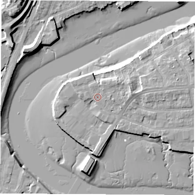 Shaded relief map of the ground around SO181AB, computed from Environment Agency LiDAR. The ground here sits at about 4 m above sea level and falls 17 m across the surrounding 800 m. Surface water reaching this point runs off ground lying to the north-east, 2.7 m higher.