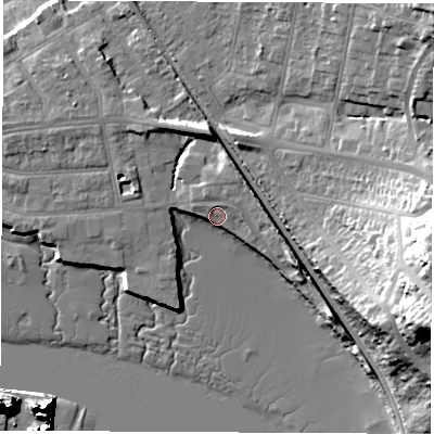 Shaded relief map of the ground around SO181AD, computed from Environment Agency LiDAR. The ground here sits at about 4 m above sea level and falls 35 m across the surrounding 800 m. Surface water reaching this point runs off ground lying to the north-east, 1.6 m higher.