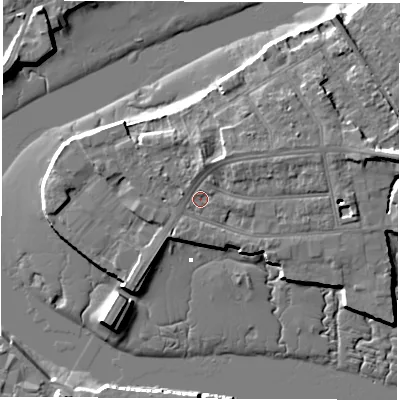 Shaded relief map of the ground around SO181AL, computed from Environment Agency LiDAR. The ground here sits at about 4 m above sea level and falls 11 m across the surrounding 800 m. Surface water reaching this point runs off ground lying to the north, 2.3 m higher.