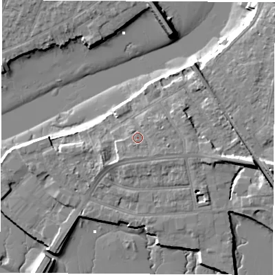 Shaded relief map of the ground around SO181AW, computed from Environment Agency LiDAR. The ground here sits at about 5 m above sea level and falls 13 m across the surrounding 800 m. Surface water reaching this point runs off ground lying to the east-south-east, 1.9 m higher.