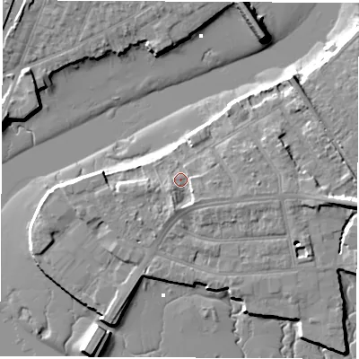 Shaded relief map of the ground around SO181AX, computed from Environment Agency LiDAR. The ground here sits at about 3 m above sea level and falls 11 m across the surrounding 800 m. Surface water reaching this point runs off ground lying to the south, 3.0 m higher.