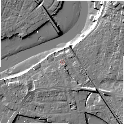 Shaded relief map of the ground around SO181BA, computed from Environment Agency LiDAR. The ground here sits at about 4 m above sea level and falls 21 m across the surrounding 800 m. Surface water reaching this point runs off ground lying to the south-east, 5.9 m higher.