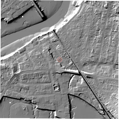 Shaded relief map of the ground around SO181BB, computed from Environment Agency LiDAR. The ground here sits at about 4 m above sea level and falls 23 m across the surrounding 800 m. Surface water reaching this point runs off ground lying to the south-east, 5.9 m higher.