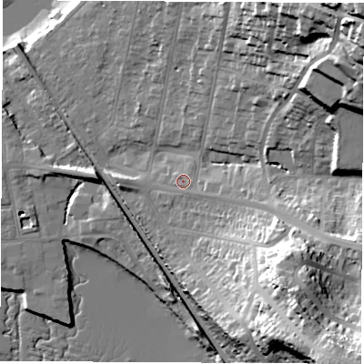Shaded relief map of the ground around SO181BH, computed from Environment Agency LiDAR. The ground here sits at about 9 m above sea level and falls 51 m across the surrounding 800 m. Surface water reaching this point runs off ground lying to the south-east, 1.3 m higher.