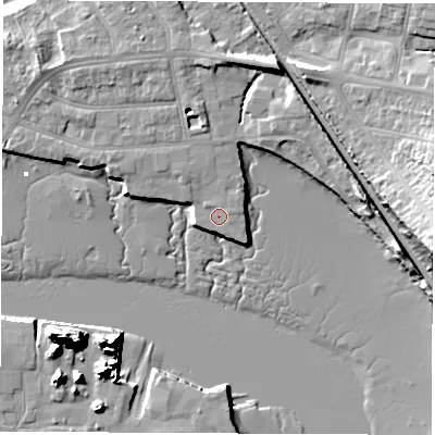 Shaded relief map of the ground around SO181BZ, computed from Environment Agency LiDAR. The ground here sits at about 3 m above sea level and falls 21 m across the surrounding 800 m. Surface water reaching this point runs off ground lying to the north-east, 0.8 m higher.