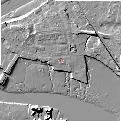 Shaded relief map of the ground around SO181DH, computed from Environment Agency LiDAR. The ground here sits at about 4 m above sea level and falls 20 m across the surrounding 800 m. Surface water reaching this point runs off ground lying to the north-north-east, 7.1 m higher.