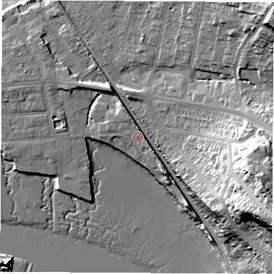 Shaded relief map of the ground around SO181DP, computed from Environment Agency LiDAR. The ground here sits at about 6 m above sea level and falls 38 m across the surrounding 800 m. Surface water reaching this point runs off ground lying to the south-east, 5.2 m higher.