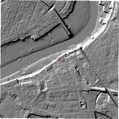 Shaded relief map of the ground around SO181DU, computed from Environment Agency LiDAR. The ground here sits at about 3 m above sea level and falls 18 m across the surrounding 800 m. Surface water reaching this point runs off ground lying to the south-east, 3.6 m higher.