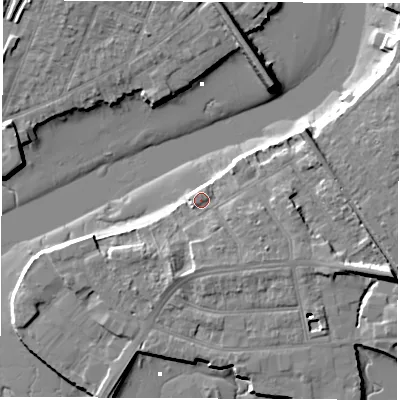 Shaded relief map of the ground around SO181ED, computed from Environment Agency LiDAR. The ground here sits at about 3 m above sea level and falls 12 m across the surrounding 800 m. Surface water reaching this point runs off ground lying to the south-east, 3.7 m higher.