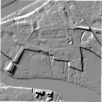 Shaded relief map of the ground around SO181EG, computed from Environment Agency LiDAR. The ground here sits at about 4 m above sea level and falls 20 m across the surrounding 800 m. Surface water reaching this point runs off ground lying to the north-east, 7.1 m higher.