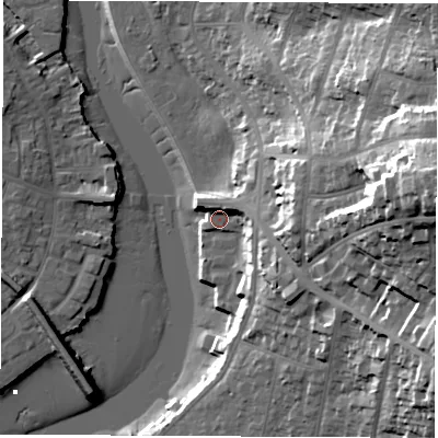 Shaded relief map of the ground around SO181ER, computed from Environment Agency LiDAR. The ground here sits at about 4 m above sea level and falls 48 m across the surrounding 800 m. Surface water reaching this point runs off ground lying to the east, 41.0 m higher.
