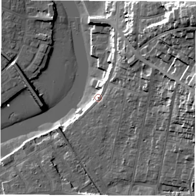 Shaded relief map of the ground around SO181GB, computed from Environment Agency LiDAR. The ground here sits at about 7 m above sea level and falls 47 m across the surrounding 800 m. Surface water reaching this point runs off ground lying to the east-north-east, 4.0 m higher.