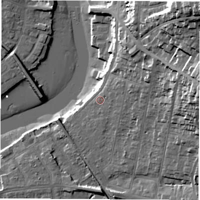 Shaded relief map of the ground around SO181GD, computed from Environment Agency LiDAR. The ground here sits at about 7 m above sea level and falls 48 m across the surrounding 800 m. Surface water reaching this point runs off ground lying to the east-north-east, 6.9 m higher.