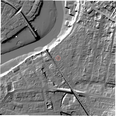 Shaded relief map of the ground around SO181GE, computed from Environment Agency LiDAR. The ground here sits at about 6 m above sea level and falls 32 m across the surrounding 800 m. Surface water reaching this point runs off ground lying to the east-north-east, 3.0 m higher.
