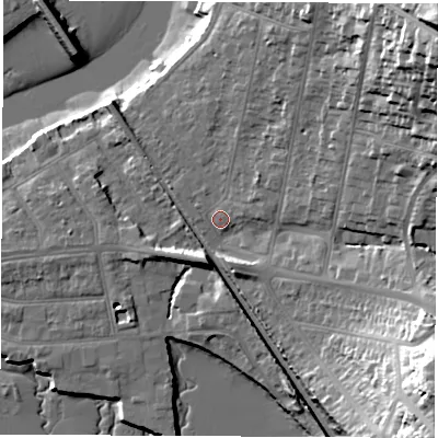 Shaded relief map of the ground around SO181GH, computed from Environment Agency LiDAR. The ground here sits at about 6 m above sea level and falls 39 m across the surrounding 800 m. Surface water reaching this point runs off ground lying to the north-north-east, 9.5 m higher.