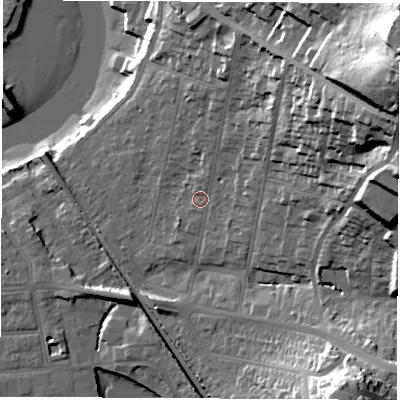 Shaded relief map of the ground around SO181GT, computed from Environment Agency LiDAR. The ground here sits at about 8 m above sea level and falls 54 m across the surrounding 800 m. Surface water reaching this point runs off ground lying to the east-north-east, 39.6 m higher.