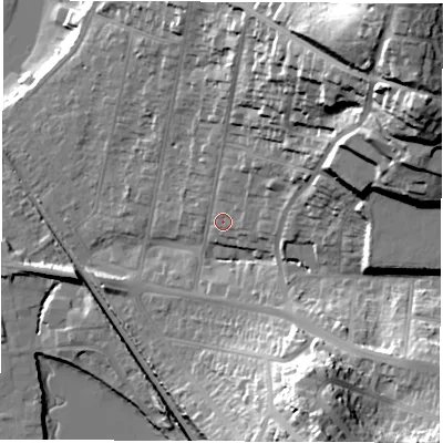 Shaded relief map of the ground around SO181HL, computed from Environment Agency LiDAR. The ground here sits at about 10 m above sea level and falls 55 m across the surrounding 800 m. Surface water reaching this point runs off ground lying to the north-east, 43.3 m higher.
