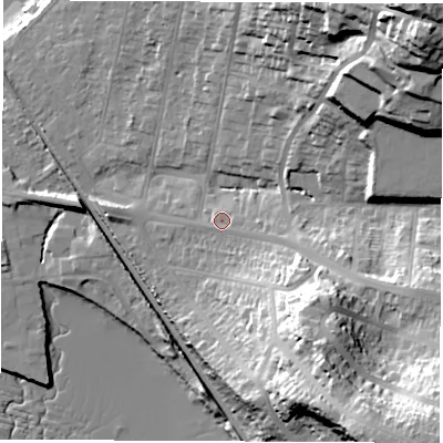 Shaded relief map of the ground around SO181HP, computed from Environment Agency LiDAR. The ground here sits at about 10 m above sea level and falls 53 m across the surrounding 800 m. Surface water reaching this point runs off ground lying to the east-south-east, 4.8 m higher.