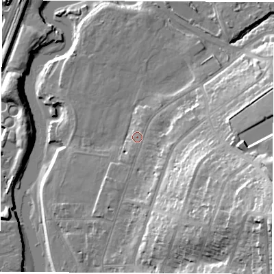 Shaded relief map of the ground around SO181NX, computed from Environment Agency LiDAR. The ground here sits at about 6 m above sea level and falls 37 m across the surrounding 800 m. Surface water reaching this point runs off ground lying to the east-south-east, 28.5 m higher.