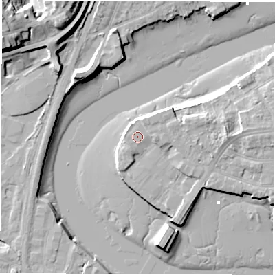 Shaded relief map of the ground around SO181QN, computed from Environment Agency LiDAR. The ground here sits at about 3 m above sea level and falls 19 m across the surrounding 800 m. Surface water reaching this point runs off ground lying to the south-west, 2.1 m higher.