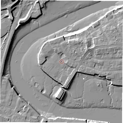 Shaded relief map of the ground around SO181UB, computed from Environment Agency LiDAR. The ground here sits at about 3 m above sea level and falls 15 m across the surrounding 800 m. Surface water reaching this point runs off ground lying to the east-north-east, 3.4 m higher.