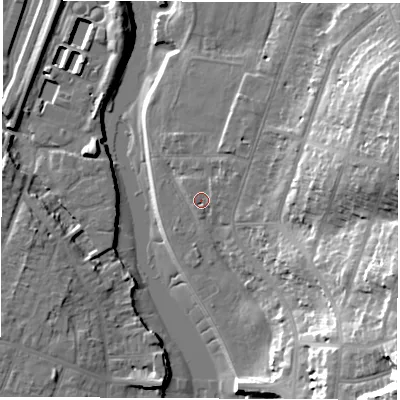Shaded relief map of the ground around SO181UD, computed from Environment Agency LiDAR. The ground here sits at about 5 m above sea level and falls 36 m across the surrounding 800 m. Surface water reaching this point runs off ground lying to the north-east, 1.0 m higher.
